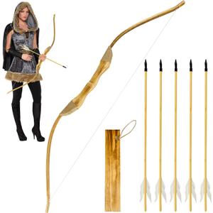 Basbon Wooden Bow and Arrow Set, 40 Inch Handmade Wooden Bow and Arrow Cosplay Costume Prop Archery Set Games Toys, 1 Bows 1 Quivers and 5 Feather Arrows, Gifts for Kids Youth Boys and Girls, 40 inches x 21 inches