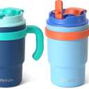Fimibuke 16oz Kids Insulated Tumbler with Handle & Straws - 2 Pack BPA FREE 18/8 Stainless Steel Toddler Cups with Sip/Swig 2-in-1 Lids, Leak Proof Kid Drinking Cup Travel Mugs for Children Boys Girls (B2.Navy Blue & Light Blue)