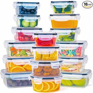 32 Piece Food Storage Container with Lids (16 Containers + 16 Lids) - Plastic Food Containers with Lid, Airtight Leak Proof Snap Lock, BPA Free Storage Containers