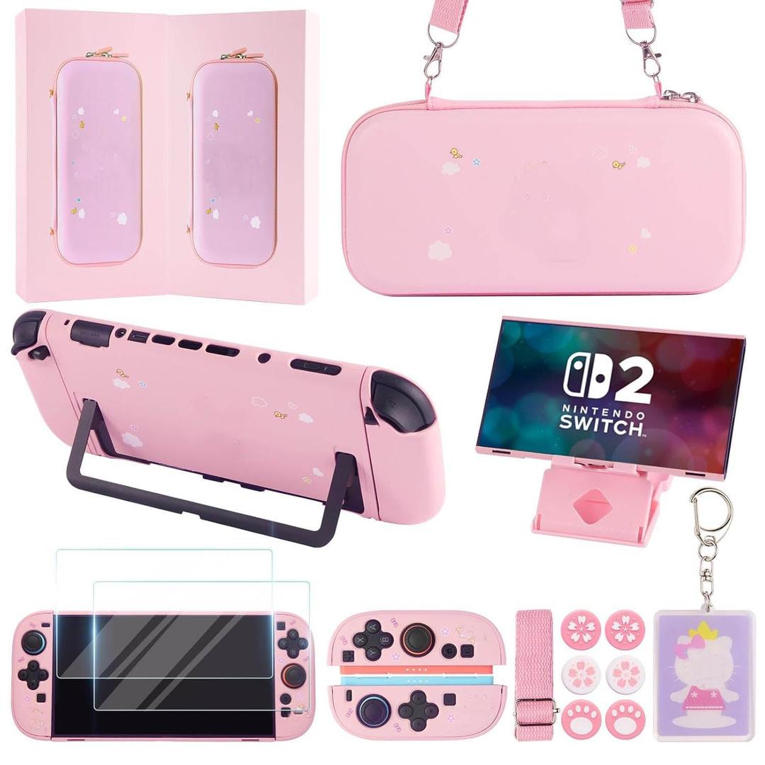 GUTIAL Accessories Bundle for Nintendo Switch 2 2025 - Cute Kawaii NS 2 Accessories kit for Grils Boys Kids with Travel Carrying Case and Cartoon Dockable Cover Case, Screen Protector, Stand - Pink