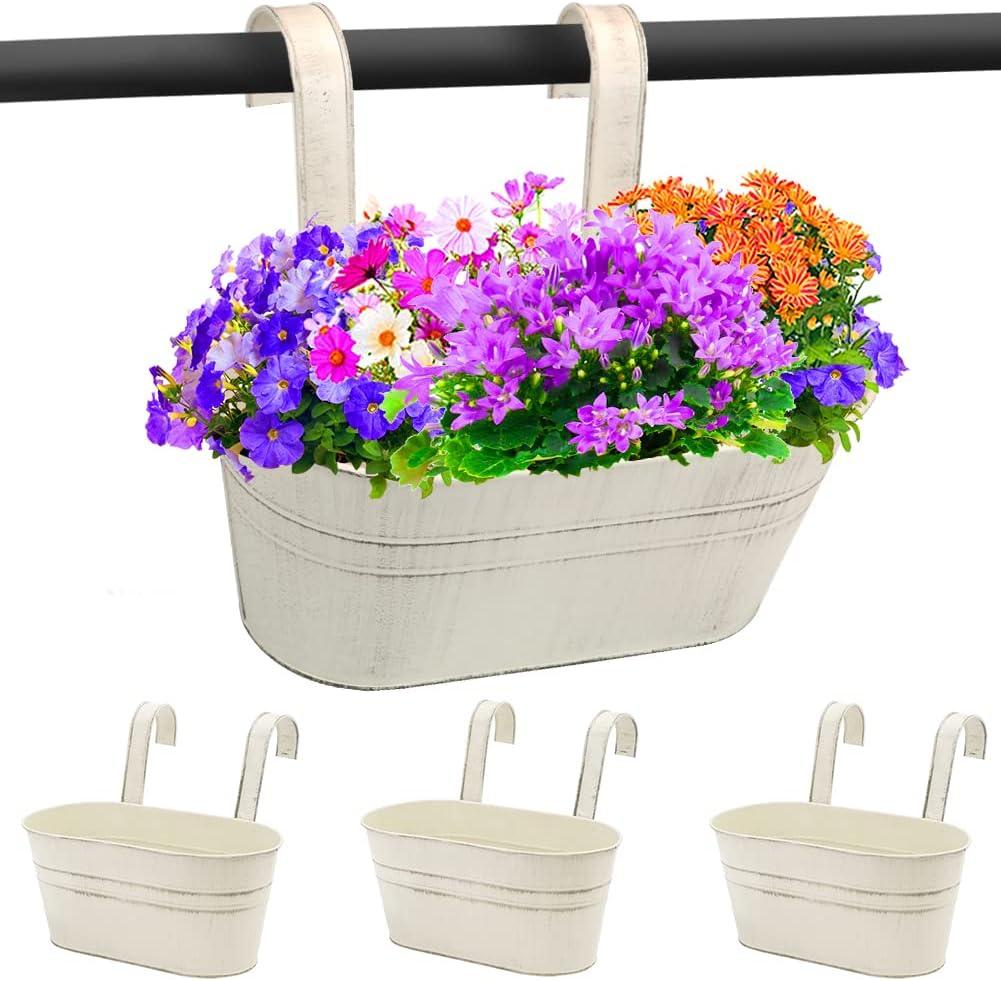 Metal Hanging Flower Pots for Railing Fence, Galvanized Steel Hanging Bucket Pots, Countryside Style Window Plant Holder with Detachable Hooks,Home Decoration Flower Holders(Vintage Beige, 3)