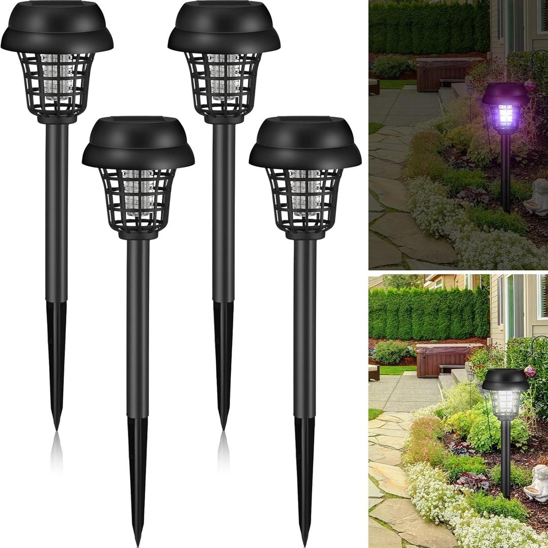 Qualirey 4 Pcs Solar Bug Zapper Waterproof Outdoor Mosquito Zapper Killer and Lighting Repellent Lamp for Indoor Outdoor Use Garden Patio, Purple and White Light(Plastic,Retro Black)
