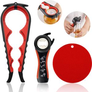 Jar Opener for Weak Hands, Seniors with Arthritis, 5 in 1 Multi Function Bottle Opener Lid Opener For Arthritic Hands with Non Slip Rubber Jar opener Gripper Pad(red) (3-piece set)