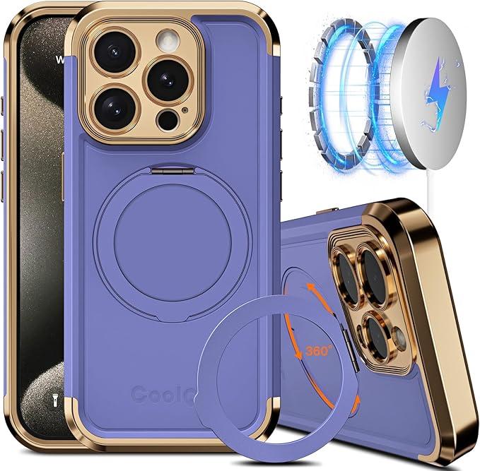 COOLQO for iPhone 15 Pro Max Case 6.7'' Upgraded 360° Spin Magnetic Stand [Compatible with Magsafe][Military Protection] Shockproof Protective Phone Holder Cover for iPhone 15 Pro Max, Purple Gold