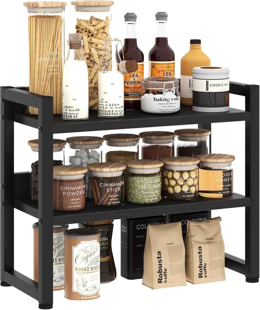 Kitchen Countertop Shelf Organizer, 3 Tier Large Kitchen Storage Spice Rack Cabinet Organizer with Metal Leg for Countertop Pantry, Coffee Bar Organizer, Bathroom Countertop Organizer, Black