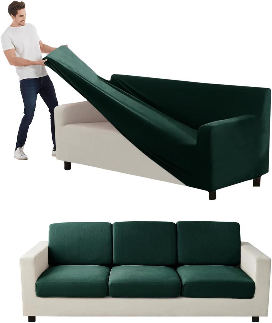 Couch Cover Velvet, Stretch Sofa Covers for Separate Main Cover/Backrests and Seat Cushions Couch Cover, for Living Room Furniture Slipcovers (Dark Green,Large Main 7 Piece)
