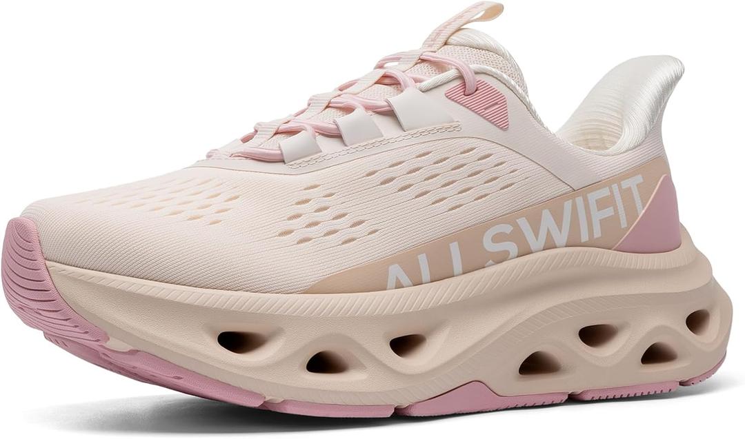 ALLSWIFIT Women's Hands Free Slip On Walking Shoes Non Slip Comfort Workout Gym Athletic Casual Breathable Running Tennis MoveSlide Fashion Sneakers, Size 8, Light Pink, AWUMRS2506