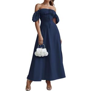 Women's Summer Puff Sleeve Floral Split Maxi Dress Flowy A Line Casual Beach Long Dresses 2025, Large
