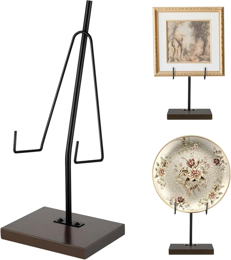 RattanView Picture Stands for Display Metal Frame Wooden Base Plate Holder for Display Wooden Base Black Picture Frame Easel Stand for Home Office Tabletop Book Platter Photo Plaque Holder