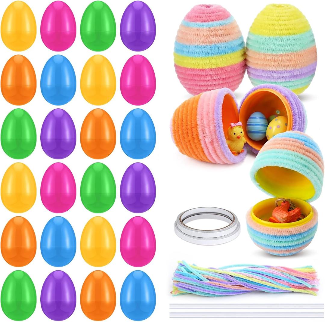 24 Set Wrapped Easter Egg Crafts Kits for Kids Including 250 DIY Pastel Pipe Cleaners 24 Colorful Plastic Easter Egg Basket Bag Empty Stuffers Fillers for Crafts Hunt Prizes Party Favor