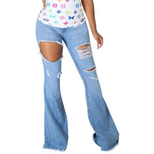 Blue Bell Bottom Jeans for Women Ripped Hole High Waisted Classic Flared Wide Leg Denim Pants,2487 Blue_X-Large (Blue, XL)