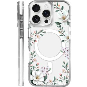 for iPhone 16 Pro Case Compatible with Magsafe,Clear Aesthetic Design Cute for Girls Women,Anti-Drop Protective Hard Phone Case for iPhone 16 Pro-White Magnolia