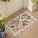 Tinideya Spring Floral Scalloped Doormat Colorful Flower Butterfly Welcome Door Mat 27.6 x 15.7 Inch Artificial Coir Non Slip Cute Entrance Rugs for Indoor Outdoor Front Kitchen Bathroom Decor