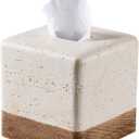 Natural Travertine Match Wooden Square Tissue Box Cover Decorative,Resin Heavy Sturdy Tissue Box Holder, Facial Paper Holder for Bathroom Vanity Countertop, Bedroom Night Stand,Office and End Table