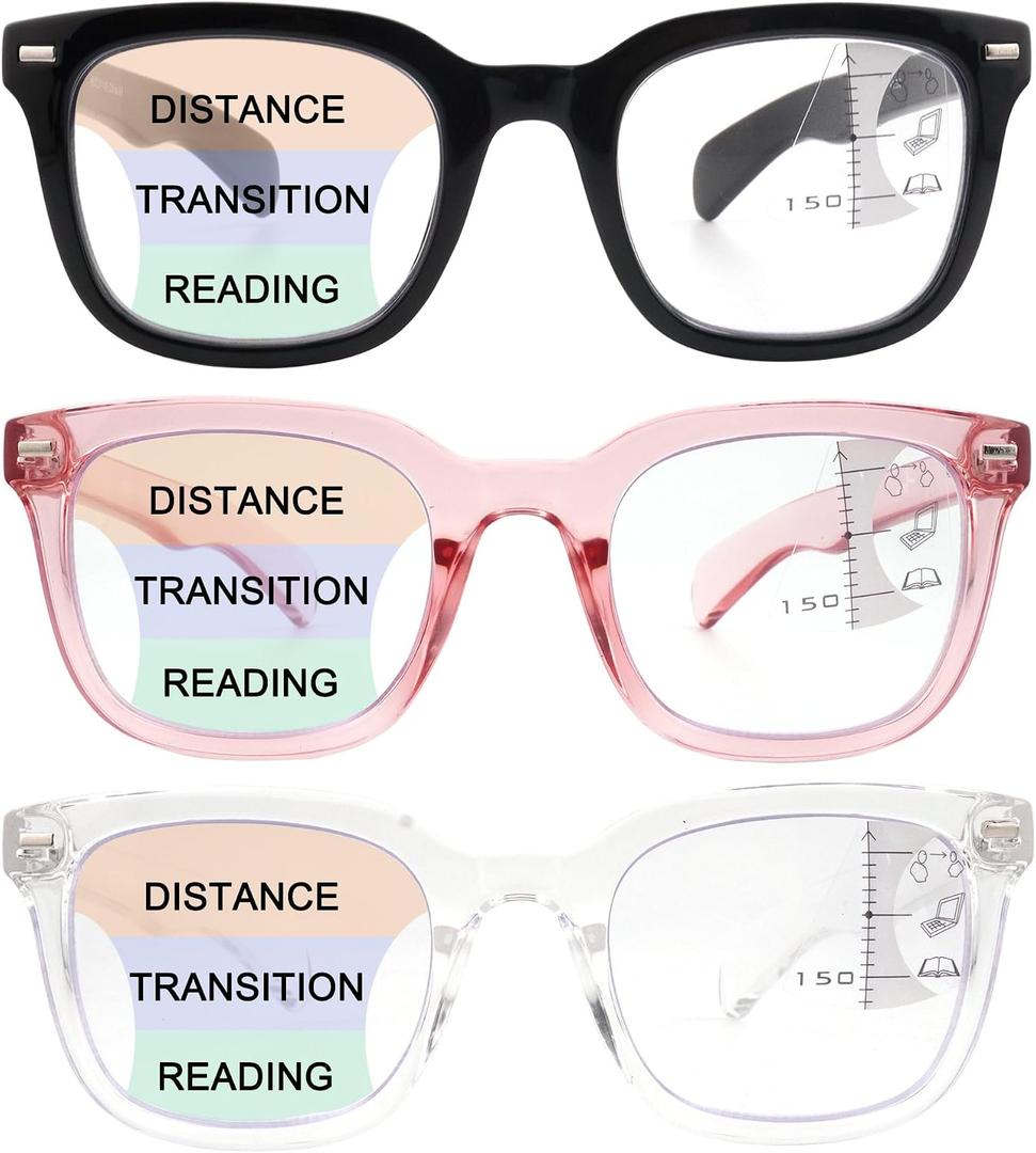 3 Pack Progressive Multifocal Reading Glasses For Women,Rectangle Frame + Wide-curved Temples With Spring Hinge