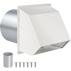 8 Inch Hooded Wall Vent with Screen and Damper, Wall Exhaust Vent Cover Cap for Exterior Ventilation and Outdoor Air Exhaust Kitchen Range Hood Dryer, Galvanized Steel, White
