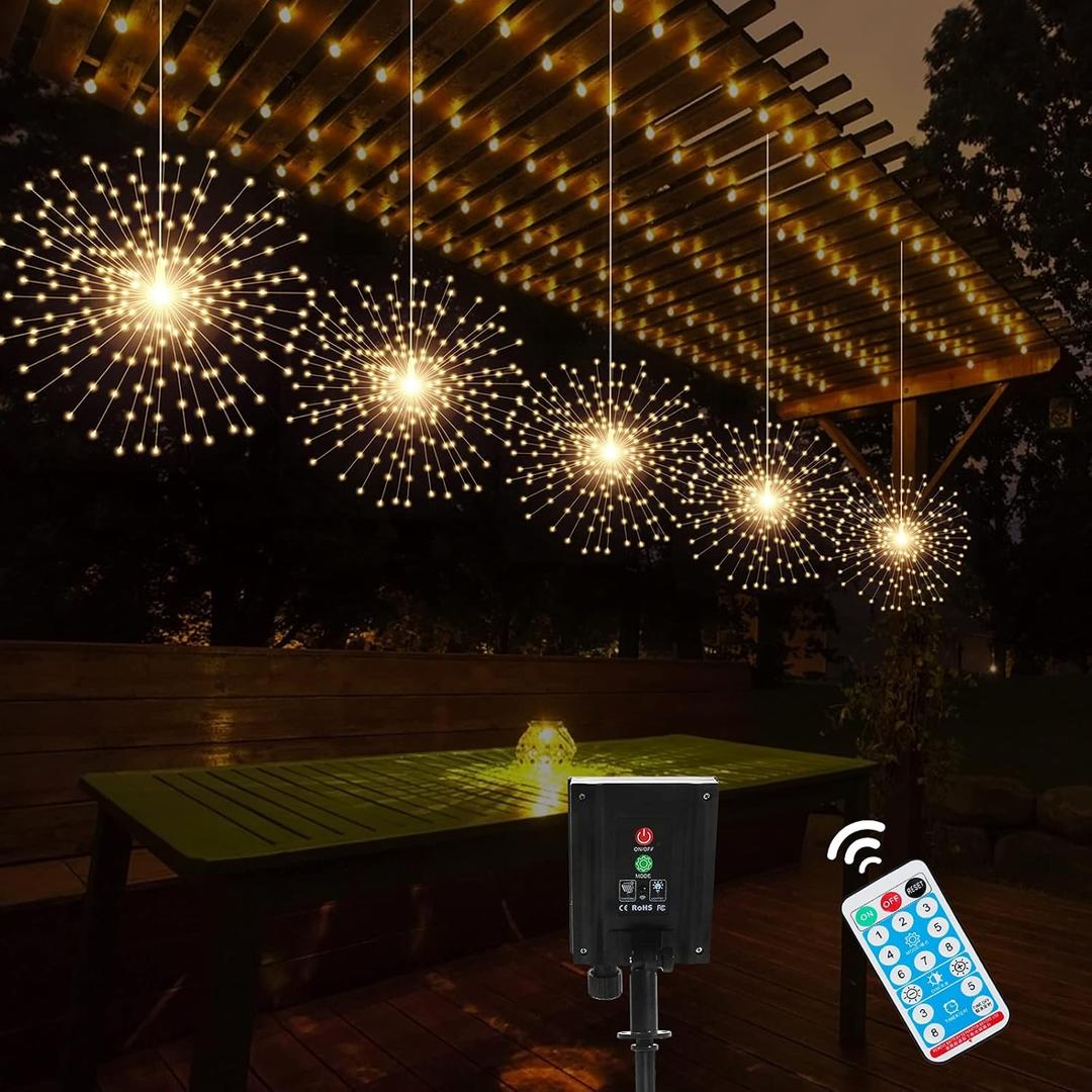 5 Pack Solar Starburst Sphere Lights, 200 LED Firework Light, 8 Modes Dimmable Waterproof Hanging Copper Wire Fairy Light for Patio Parties Halloween Christmas Decor (Warm White)