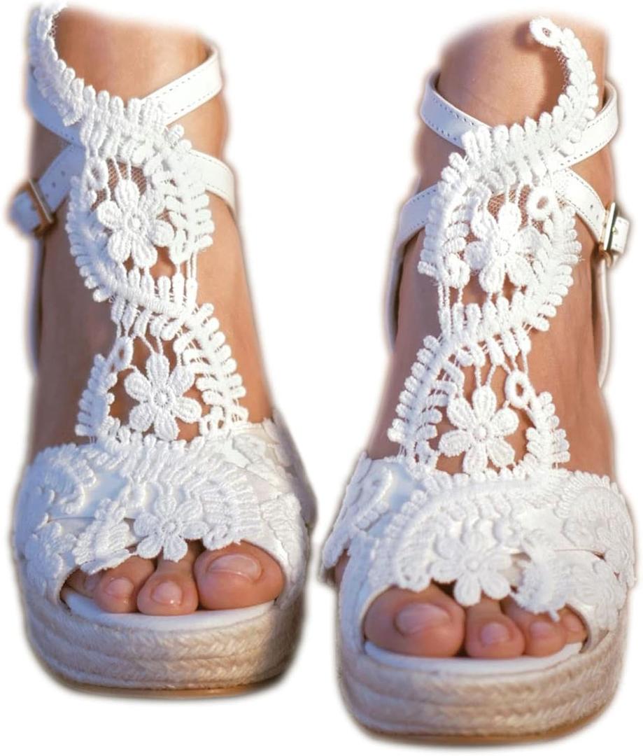 Women's Platform Sandals Wedge Open Toe Ankle Strap lace Wedding Shoes Bridesmaid Shoes (9.5, White#1)