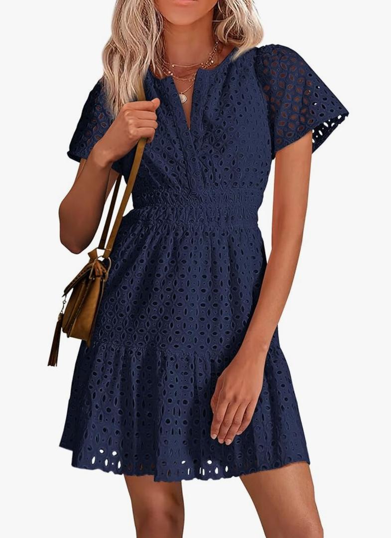 PRETTYGARDEN Womens 2025 Summer Short Dress V Neck Short Sleeve A Line Hollow Out Lace Ruffle Cute Casual Beach Party Dresses L