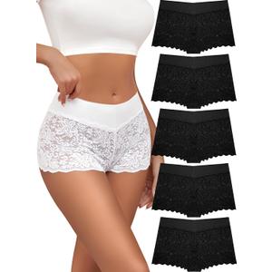 ALL OF SHE Lace Boyshort Sexy Underwear Womens Panties Cheeky Plus Size Lingerie Stretch Cotton Waistband XL 5 Pack