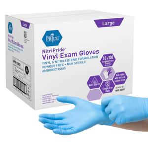 MED PRIDE NitriPride Nitrile-Vinyl Blend Exam Gloves, Large 1000 - Powder Free, Latex Free & Rubber Free - Single Use Non-Sterile Protective Gloves for Medical Use, Cooking, Cleaning & More, M