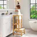 Toddler Tower, 3 in 1 Adjustable Bamboo Learning Standing Tower, Anti-tip Toddler Tower Kitchen Bathroom Helper for Kids with Chalkboard, Backrest and Nonslip Feet, Gifts for Boys Girls (Natural Bamboo)