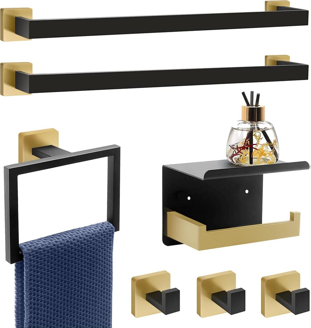 7-Piece Bathroom Set - Black & Gold Accessories Set - Square Towel Bar 2x23'', Hand Towel Rack, Toilet Paper Holder, 3x Towel Hook, Bathroom Hardware