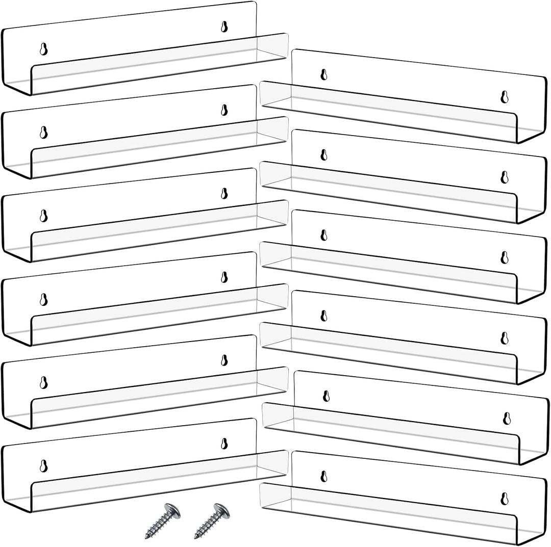 Blulu 16 Packs 14 Inch Acrylic Floating Shelf Wall Mounted Invisible Acrylic Shelf Ledge Floating Bookshelf for Living Room Office Bedroom Bathroom Kitchen Decoration Space Save