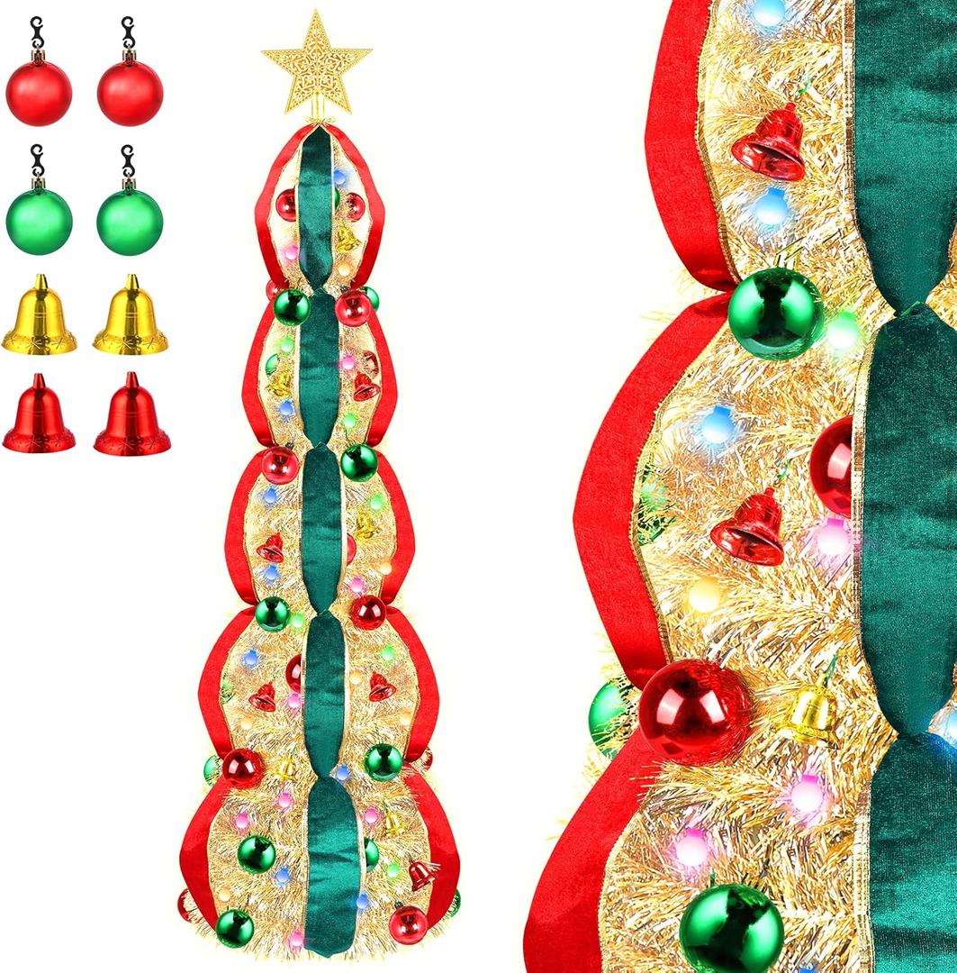 5 FT Collapsible Pop Up Christmas Tree, Pre Lit Pencil Tree with Multi Color Change Lights, Pre Decorated Red & Green Ribbons Artificial Xmas Tree for Home, Office, Party (Gold)