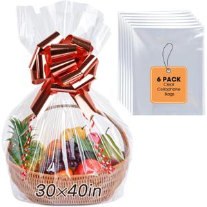 Yuiicaov 6PCS Extra Large Cellophane Bags, 30x40 Inches Clear Cellophane Wrap for Gift Baskets, Jumbo Huge Packaging Clear Gift Bags 2.8 Mil Thick
