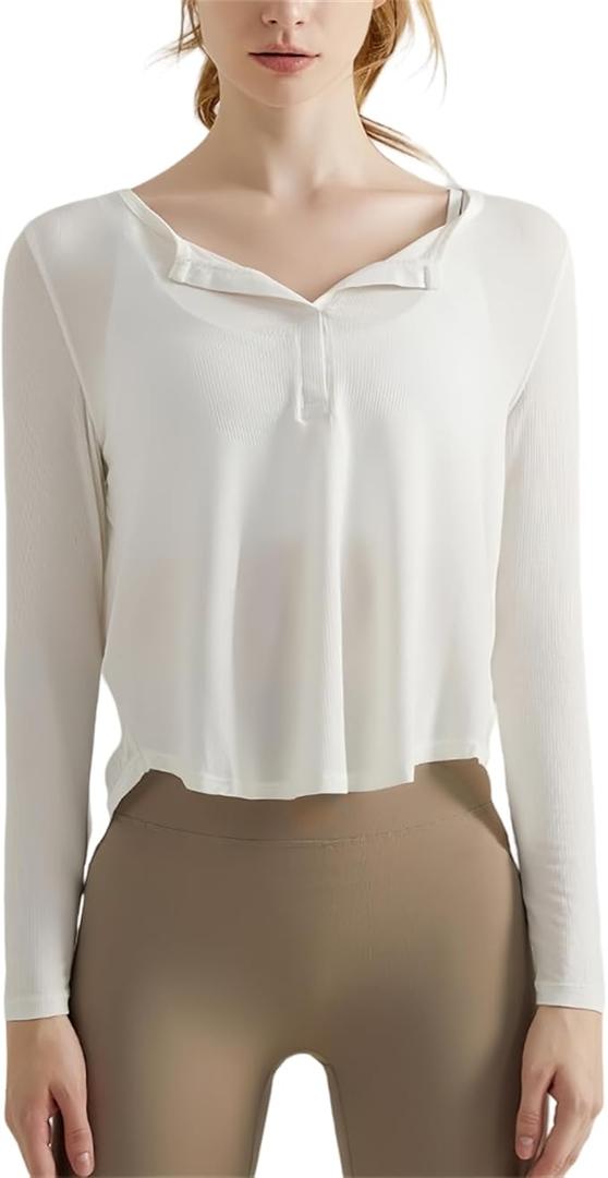 Long Sleeve Workout Shirts for Women V Neck Elastic Oversize Pullover Yoga Gym Tops Quick Dry Hiking Athletic Running Shirts, White Small