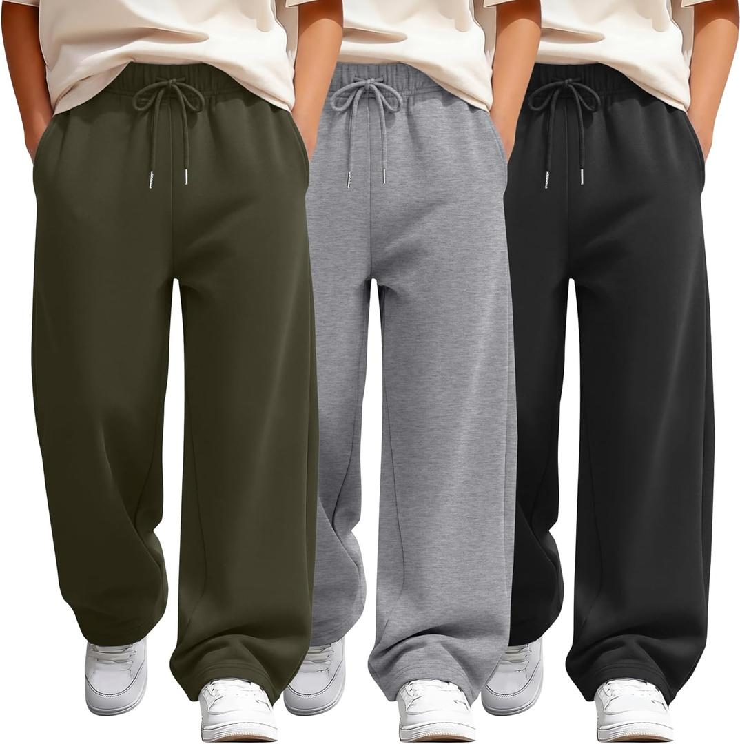 3 Pack Boys Pants Summer Cotton Blend Wide Straight Leg Lightweight Sweatpants Kids Casual Joggers with Pockets (XL)