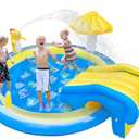 Dinosaur Inflatable Play Center, Kids Round Wading Swimming Pool with Slide, Dinosaur Sprinkle, Mushroom Shade for Kids Children Summer Outdoor Splish Splash, Garden Backyard Water Park, 87"x75"x31.5"