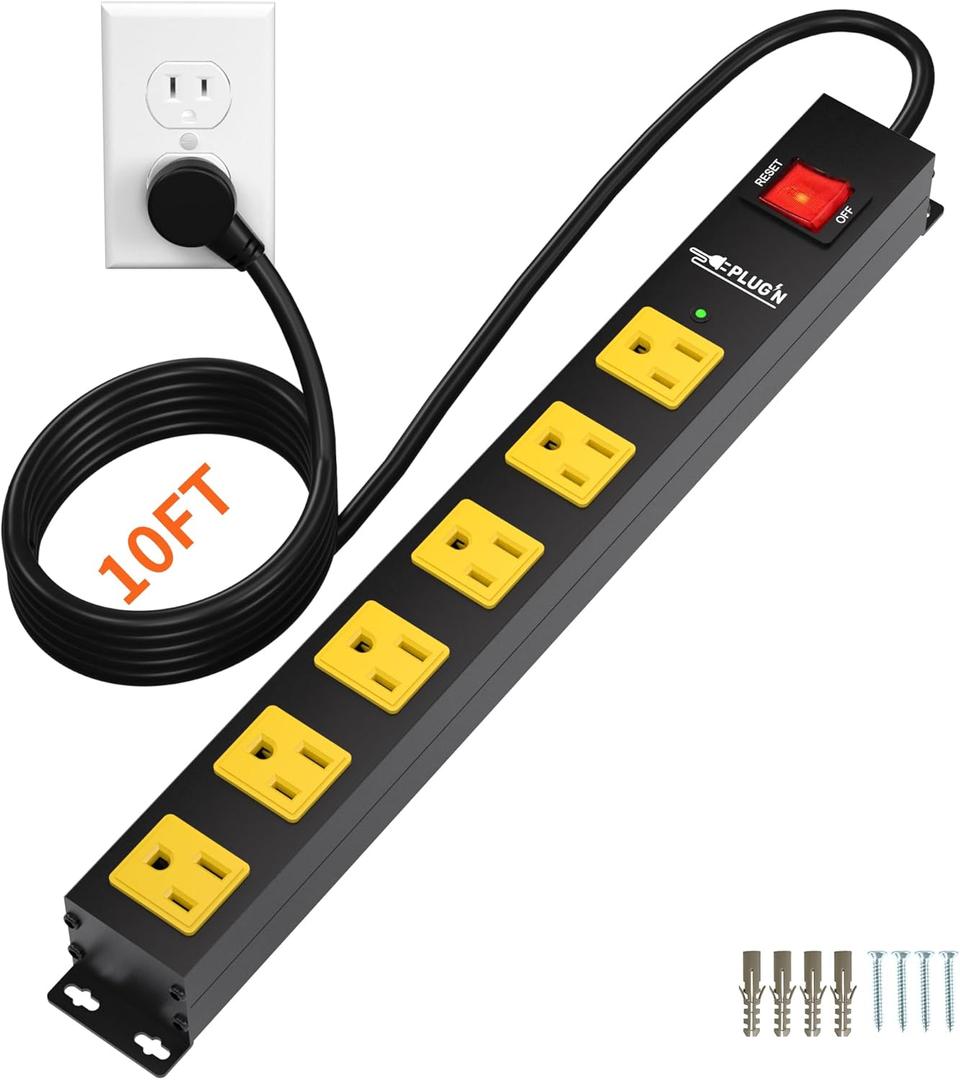 Power Strip 2700J Surge Protector, Heavy Duty Power Strips with 10FT Long Cord and Flat Plug, Wall Mountable Metal 6 Outlet Strip for Desk, Garage, Workbench and Kitchen