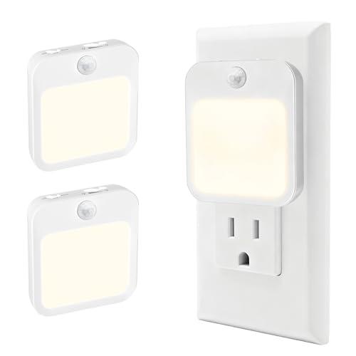 Plug-in Night Light with Motion Sensor, Dusk-to-Dawn Light Sensor, Stepless Dimming LED Night Lights for Bedroom, Hallway, Bathroom, Kids Room, Energy Efficient, 2-Pack