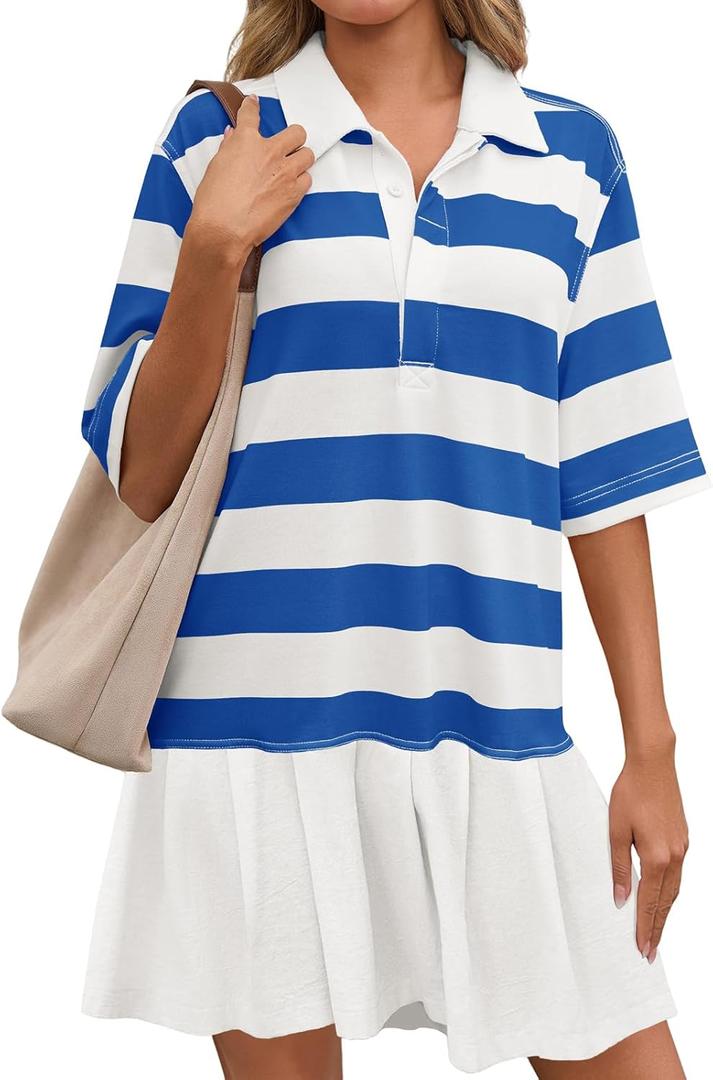 Wenrine Womens Summer Striped Mini Polo V Neck Patchwork Sweatshirt Dress Short Sleeve Loose T Shirt Dresses (Small)