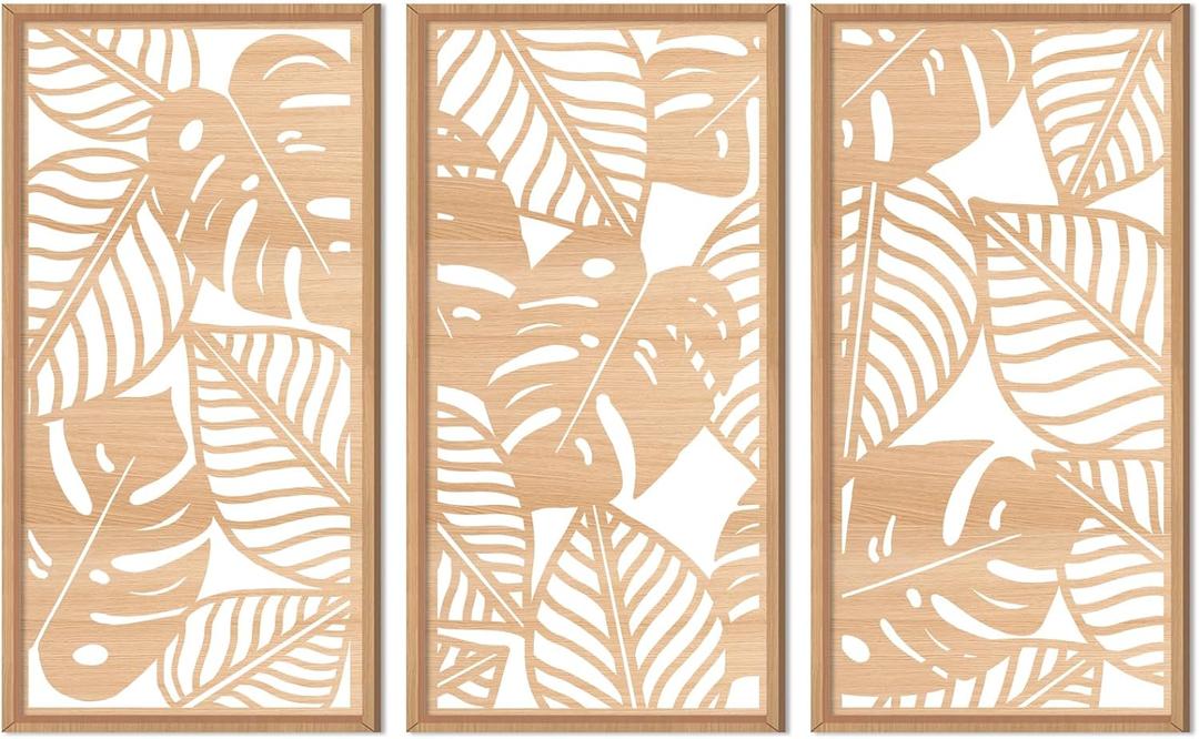 IARTTOP Wood Tropical Palm Leaf Wall Art Framed Tropical Leaves Wall Decor Wooden Leaf Wall Decorations Boho Wood Leaf Tropical Wall Art for Bedroom Living Room Office-16 * 32"*3 (log colour)