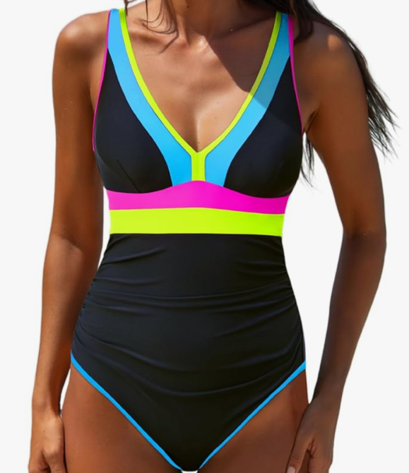 popvil One Piece Swimsuit Women 2025 Tummy Control Neon Color Block Bathing Suit Deep Vneck Tie Back Swim Suits Beach M