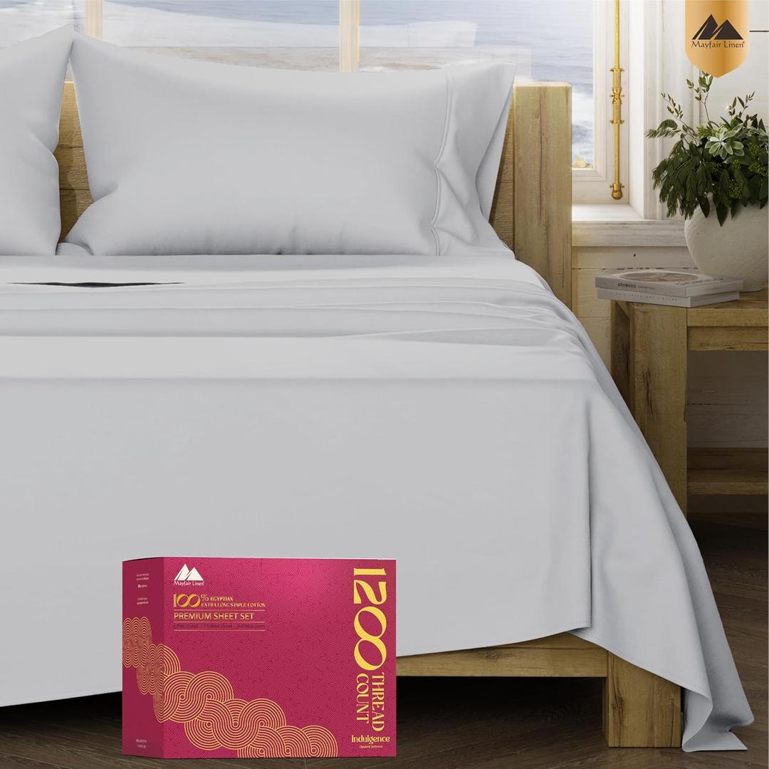 Mayfair Linen 100% Egyptian Cotton Sheets California King Size - 1200 Thread Count Cal King Size Sheets Set Egyptian Cotton, 4 PC Luxury Bedsheet (Light Grey), Soft, Cooling, 17" Deep Pocket Set