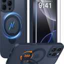 FNTCASE for iPhone 16 Pro-Max Case: [360 Spin Magnetic Stand] [Compatible with Magsafe] [Screen Protector] Translucent Matte Military Grade Shockproof Full Camera Protective Phone Cover - Deep Blue
