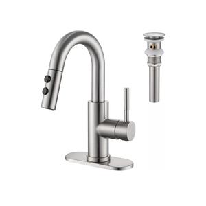 Bathroom Sink Faucet with Pull Down Sprayer, Brushed Nickel Single Handle Pull Out Faucet with Pop-Up Drain, 1 or 3 Hole Laundry Bar Basin Faucet with Deck Plate, KBL-7002BN-CL