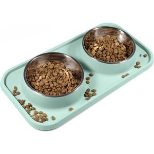 Cat Food Bowls, Cat Bowls Non-Skid and Non-Spill Silicone Pads with PP Stand, Removable Stainless Steel Food and Water Dishes for Cats, Small Size Dogs (Aquamarine)