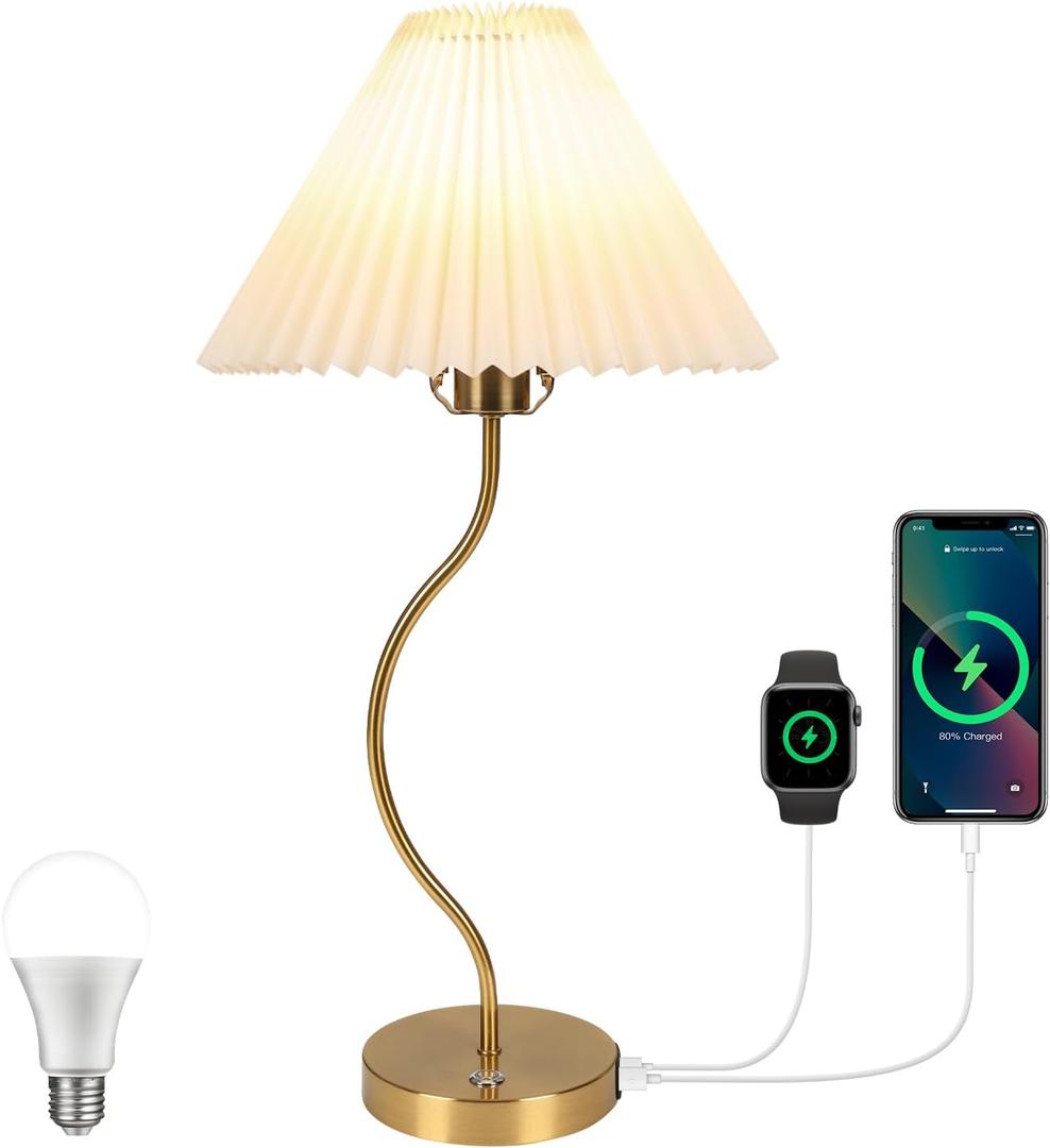 Pleated Table Lamp for Bedroom, Bedside Nightstand Lamp with Touch Control, Dimmable Modern Table Lamp with USB/TypeC, Desk Lamp for Bedroom Living Room Decor (Bulb Included)
