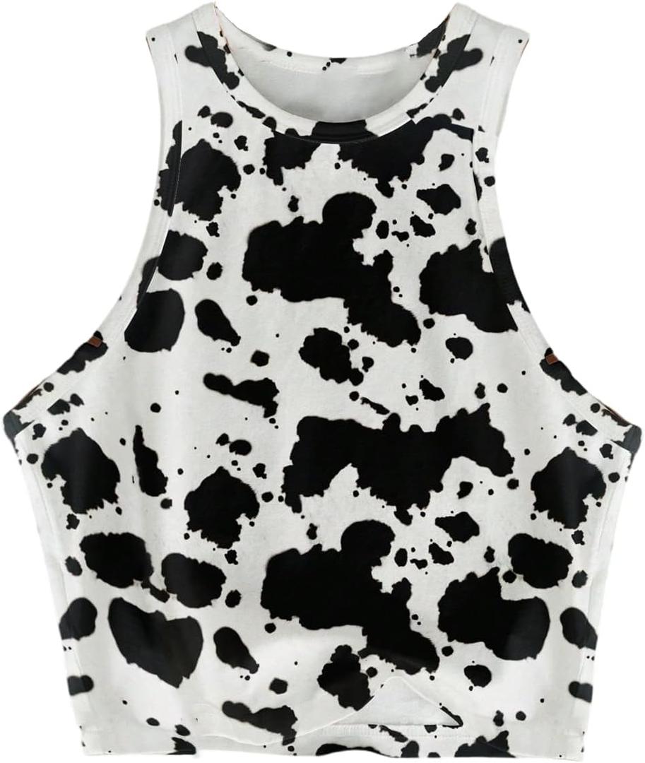 Women's Cow Print Tank Top Sleeveless Crewneck Fitted Crop Tops Summer Cowgirl Vest (XL)
