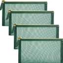 Mesh Cosmetic Bag, 4pcs Nylon Makeup Pouches with Leather Pull and Golden Zipper for Purse Diaper Bag (Emerald Green) (Flat)