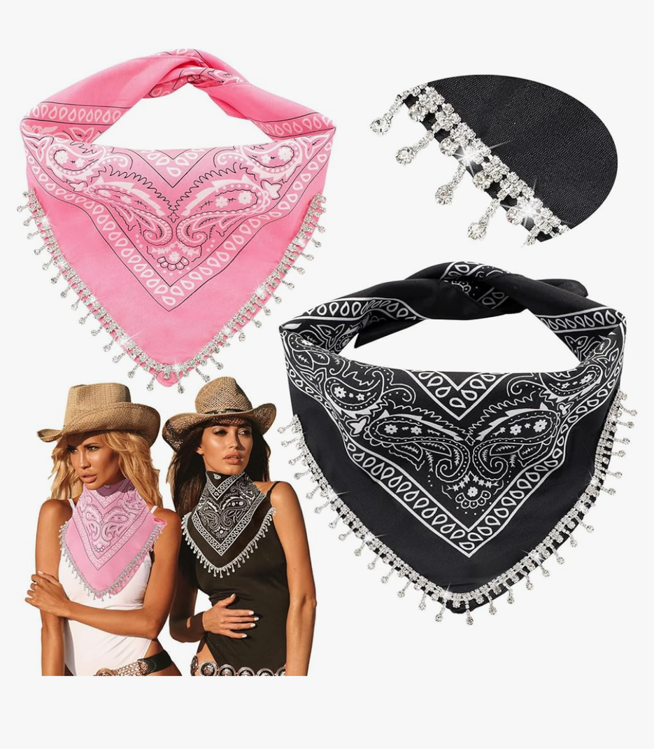Vabean 2 Pcs Disco Rhinestone Fringed Bandana Paisley Bandanas Cowgirl Bachelorette Rhinestones Tassel Kerchief