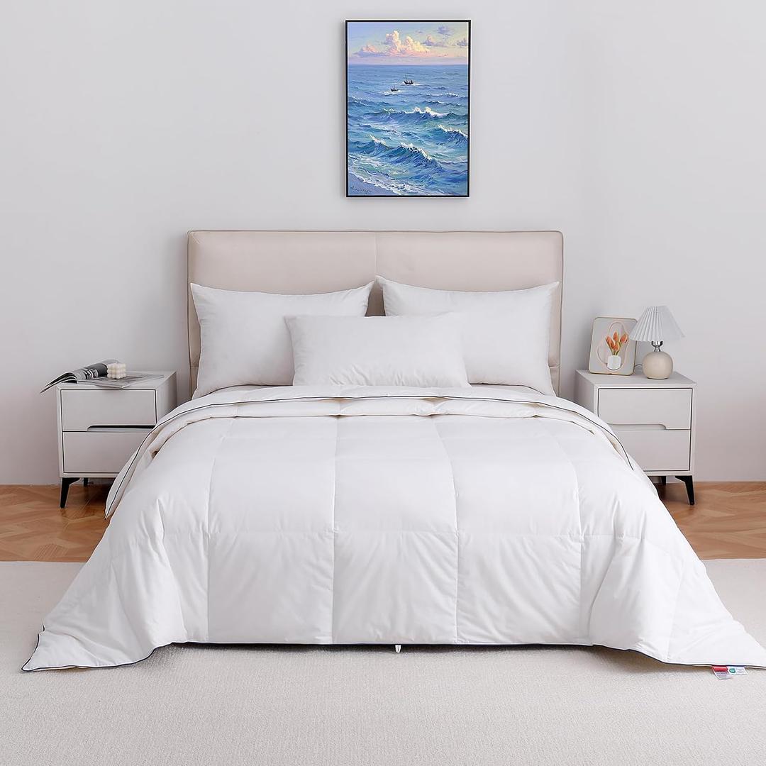 Lightweight Goose Down Fiber Comforter King Size, Cooling Summer Duvet Insert for Hot Sleepers, Soft Fluffy Hotel Luxury Bedding, Breathable 100% Cotton Cover, White, 106x90 Inches