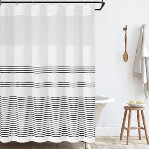 jinchan Navy Blue and White Shower Curtain with See Through Window Modern Striped Waterproof Fabric Shower Curtains for Bathroom with 12 Hooks 70x72 inches (A5. Striped Black + Sheer Panel)