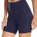 YUNOGA Womens High Waist Biker Shorts with Pockets 6"/8" Yoga Shorts Gym Workout Running Spandex Shorts (Blue, XS)