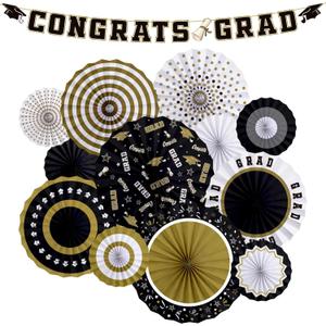 2025 Graduation Party Supplies Kit - Black and Gold -Themed Decorations with Congrats Grad Banner, Graduation Paper Fan for Graduation Party Decorations